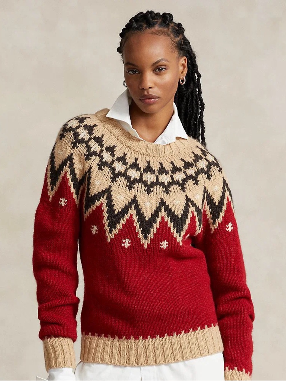 Polo by Ralph Lauren Fair Isle Alpaca Blend Crew Neck Sweater Red Tan Multi L